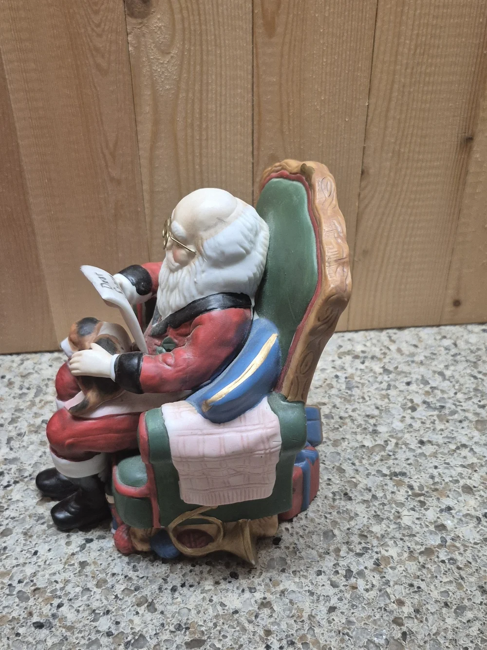 Vintage Musical Santa in Armchair Puppies Reading Letter Plays Here Comes Santa